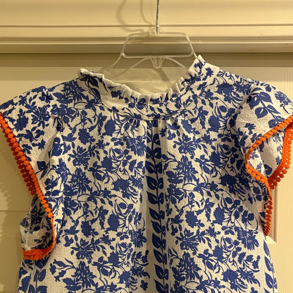 THML Blue and White Floral Ruffle Sleeve Blouse with Orange Trim - Picture 2 of 7